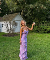 Charmantes Spaghettiträger Lavendel Chiffon Print Blumen Abendkleid Rüschen Langes Ballkleid Y8266